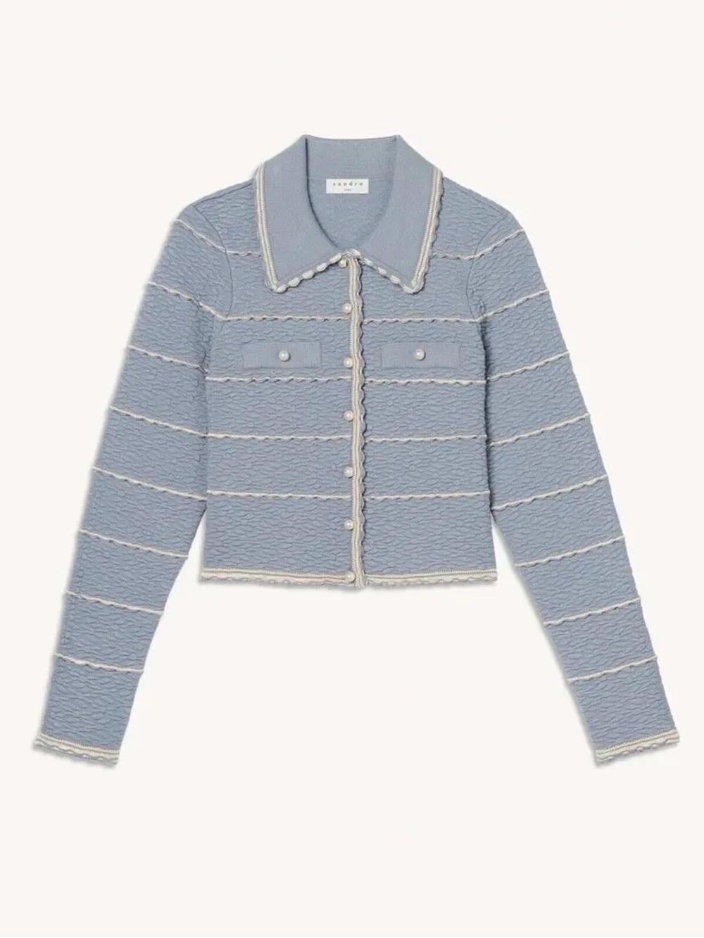 Sandro Blue Tweed Cropped Blazer with Cream Trim